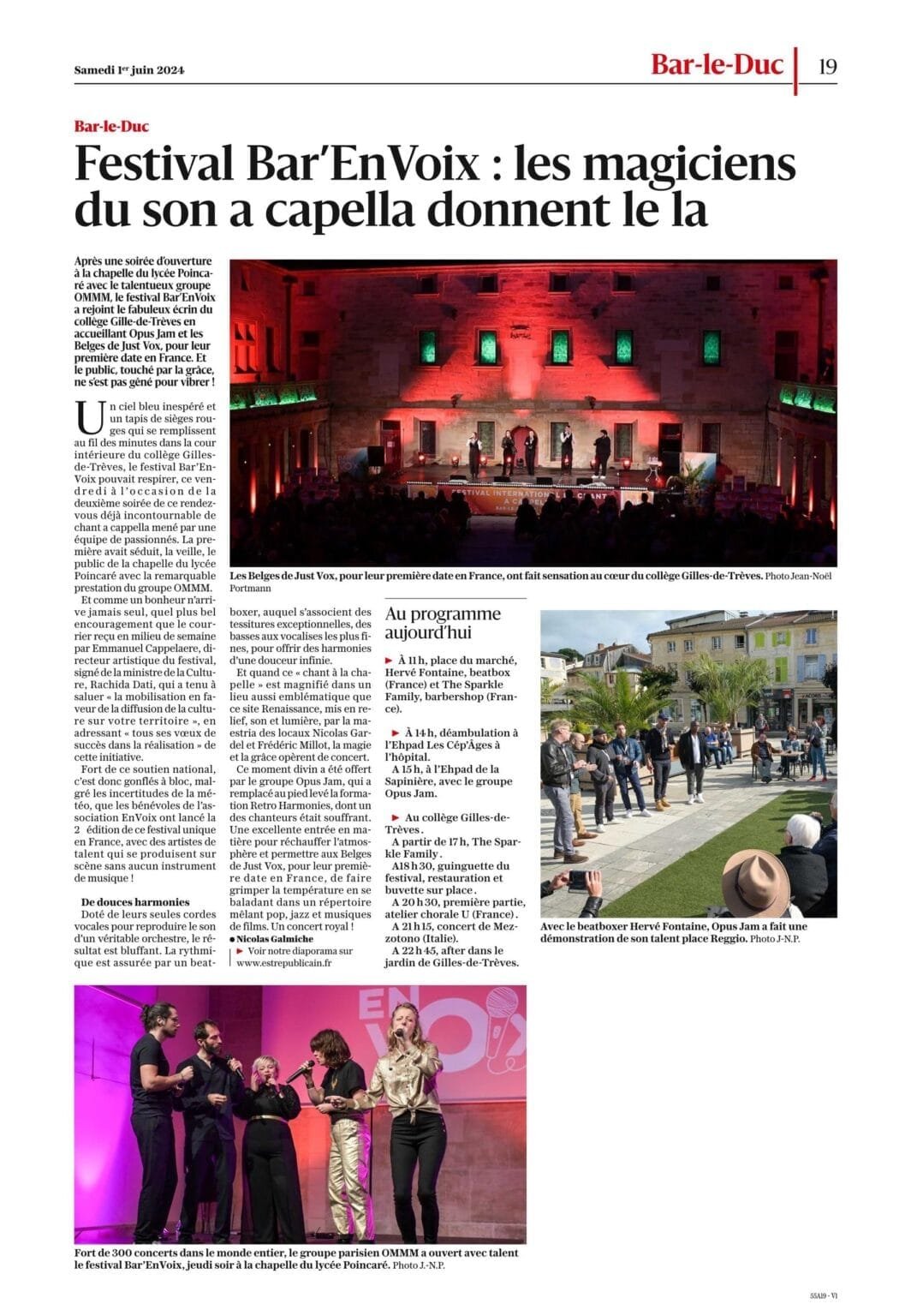 Article du 1er juin 2024 de l'Est Républicain sur le festival Bar'EnVoix, illustrant l'ambiance festive et culturelle.