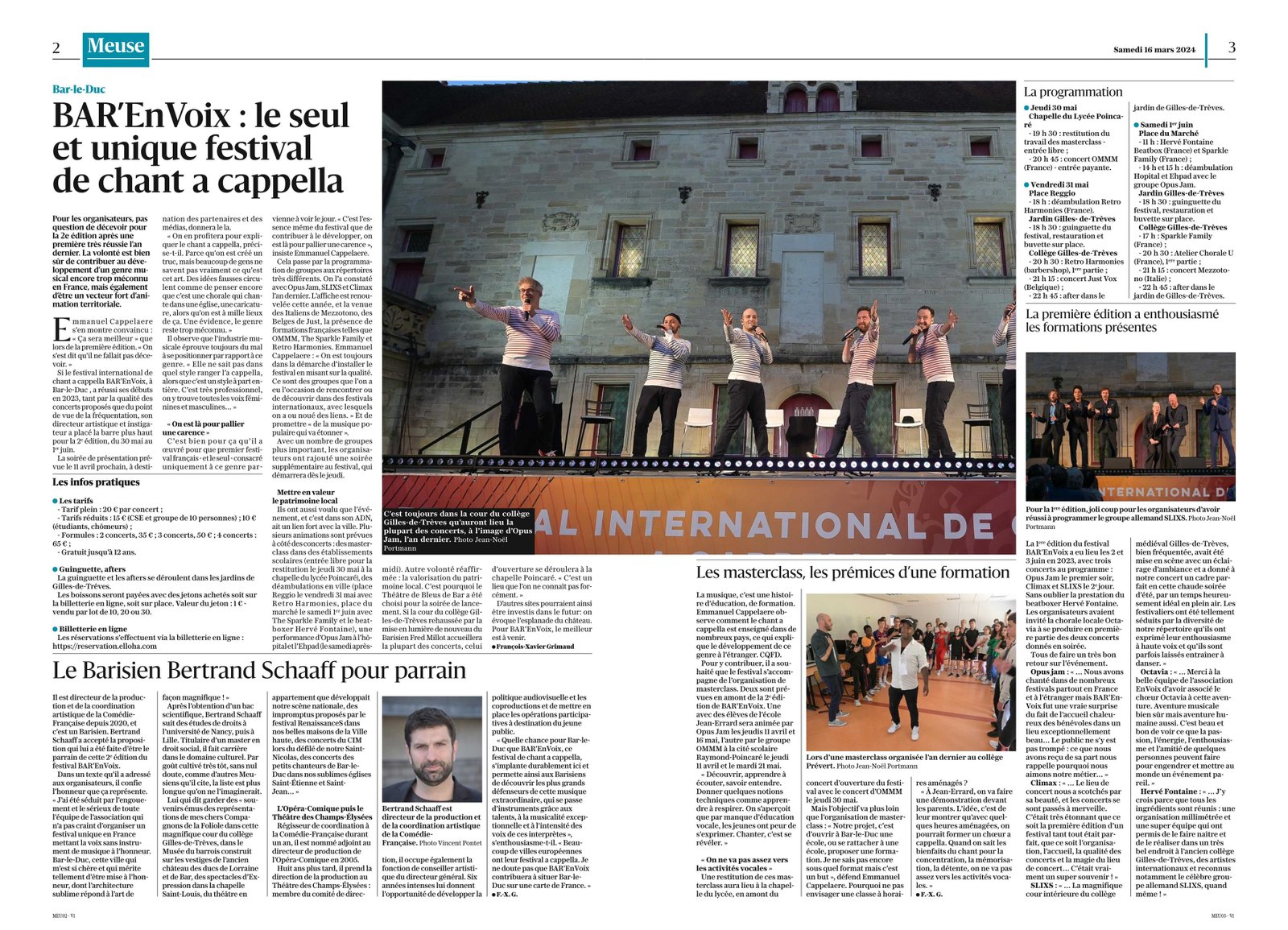 Article de l'Est Républicain du 16 mars 2024, photo d'OPUS JAM sur scène lors du festival 2023.