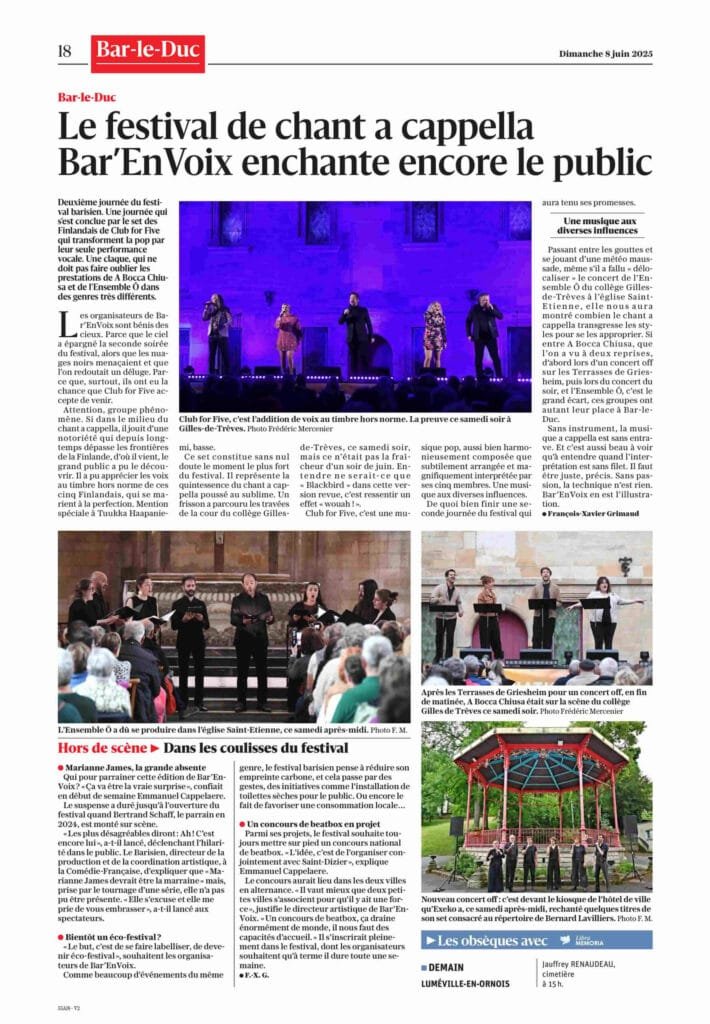 Extrait de journal du 8 juin 2025 avec le titre suivant : Le festival de chant a cappella Bar'EnVoix enchante encore le public