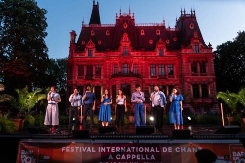 chanteurs sur scène avec le chateau eclairé au fond